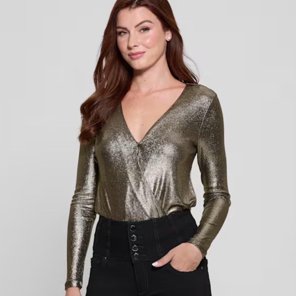GUESS BODYSUIT Thong Back Shimmering Champagne Crossover Neck Johanna Lumex NEW